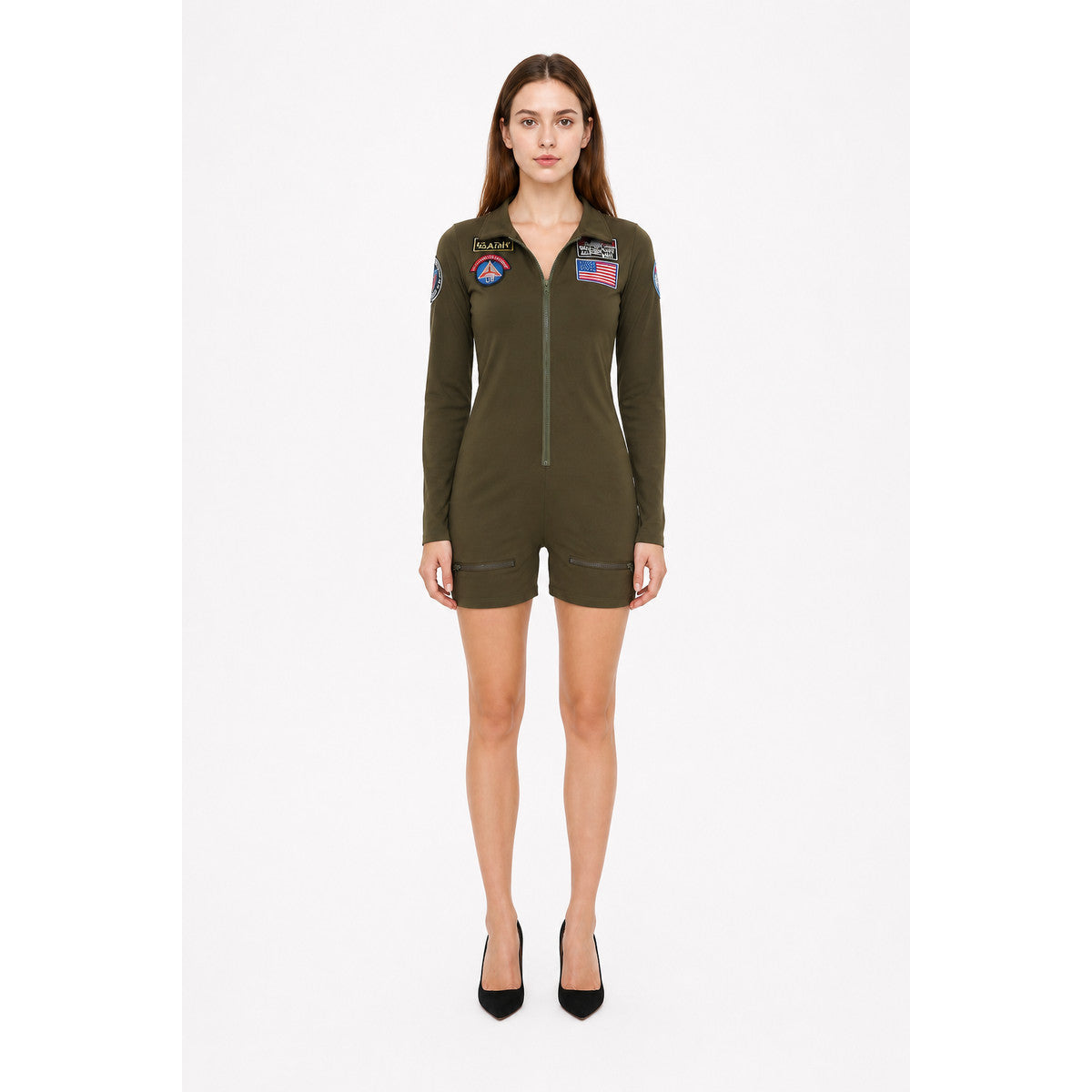 Olive Green Pilot Jumpsuit with Patches and Pockets