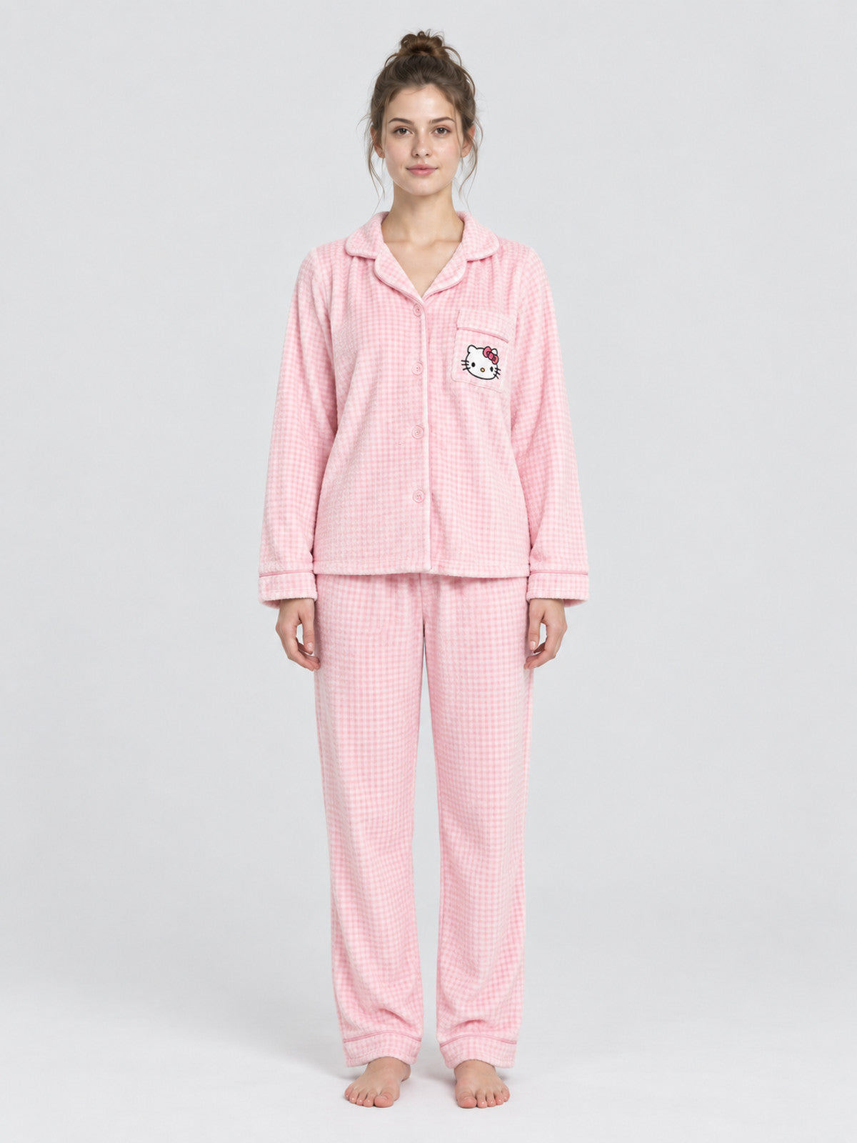 Flannel Pajama Set with Cat Appliqué