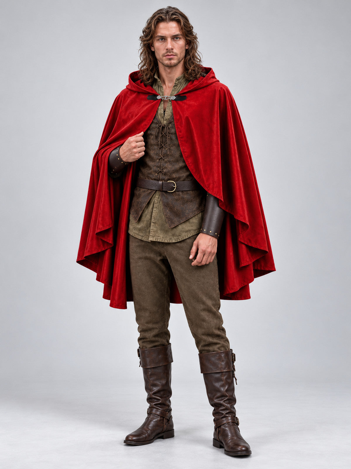 Medieval Costume with a Red Cape, Hood, and Belt