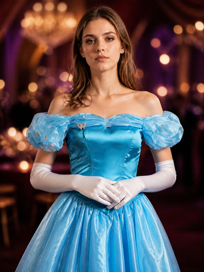 Women's Blue Princess Dress Costume, Off-Shoulder Puff Sleeve Ball Gown for on-model view