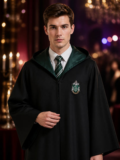 Slytherin Hooded Wizard Robe Costume Set with Striped Tie and Crest on-model view