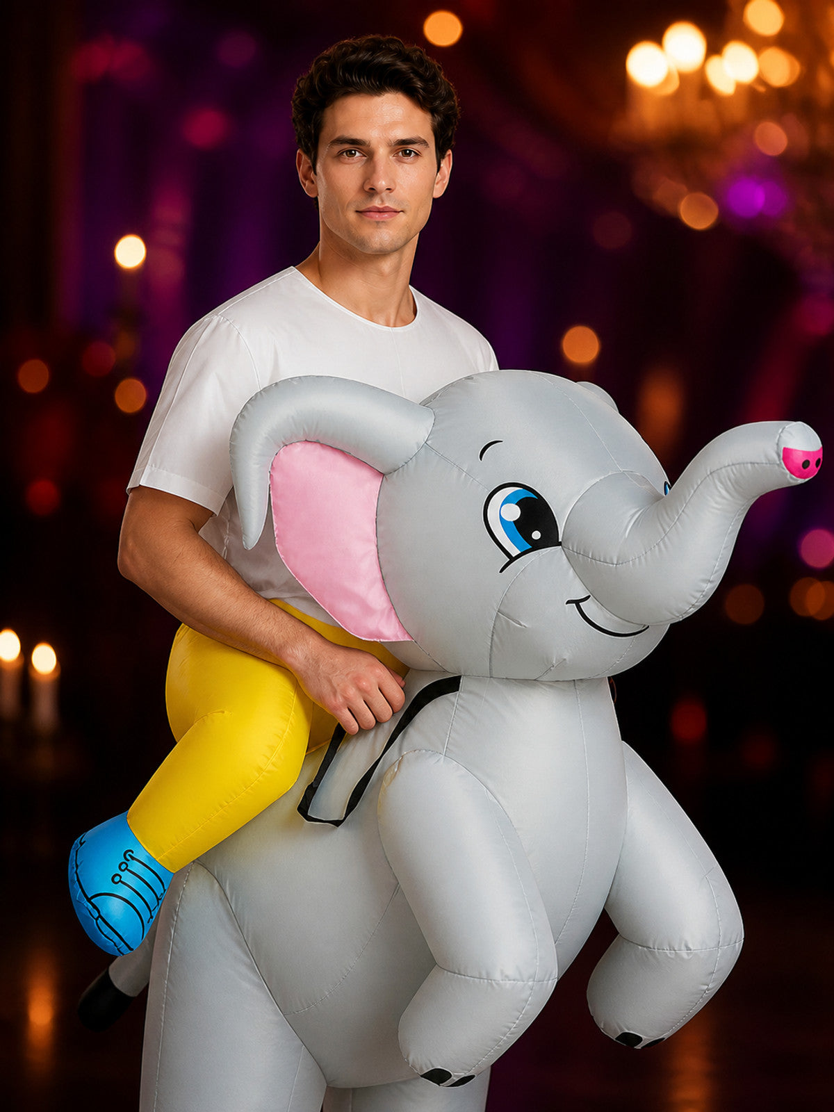 Cartoon Elephant Inflatable Ride-On Costume, Halloween Funny Party Suit for Kids on-model view