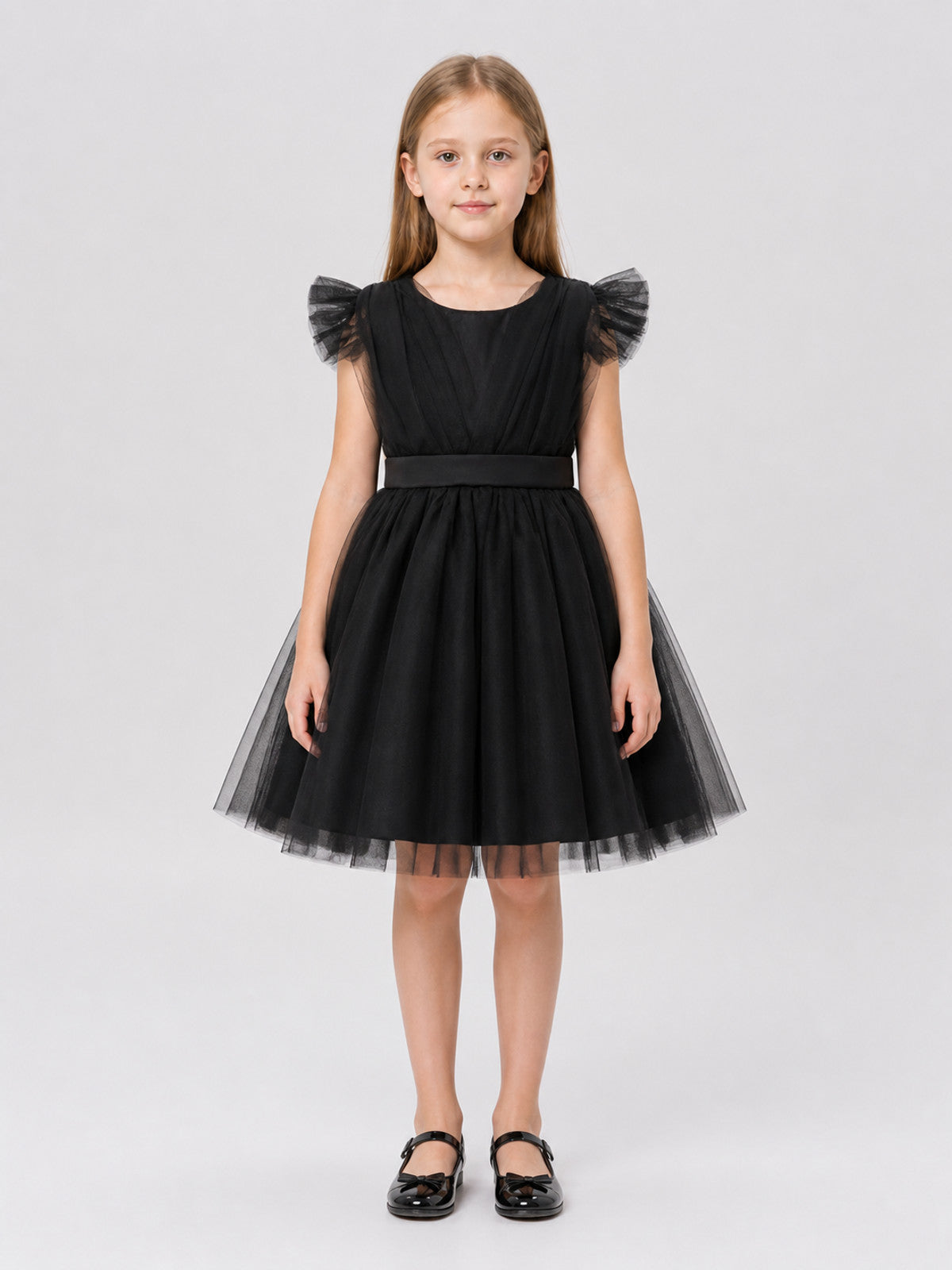 Party Dress with a Tulle Skirt and Flutter Sleeves on-model view