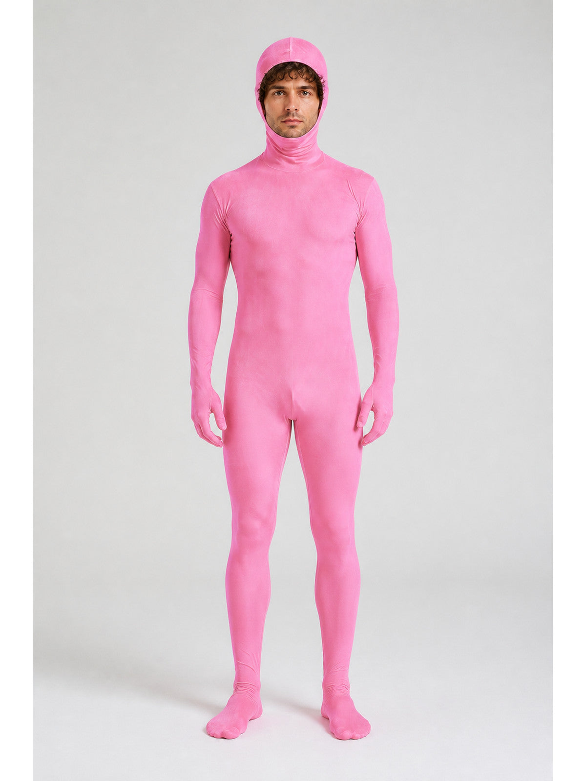 Pink one-piece zentai jumpsuit with an integrated hood main product view