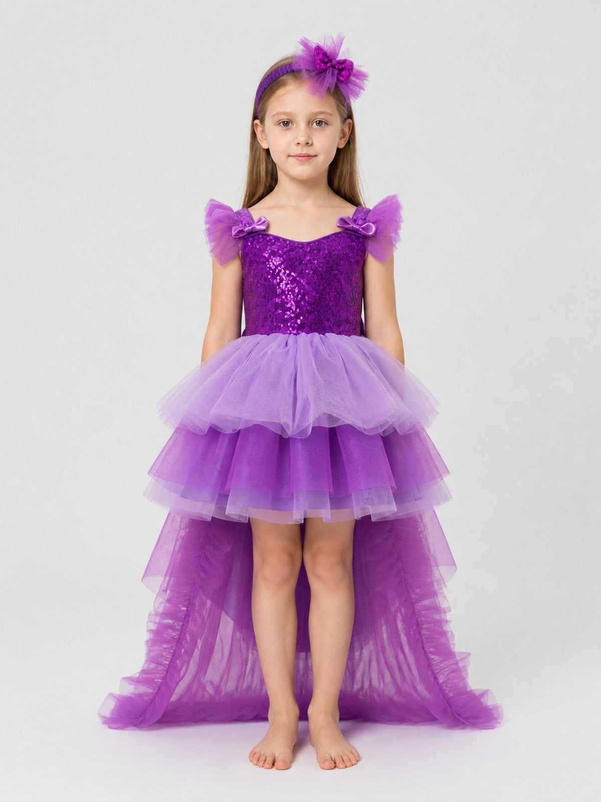 Children’s Purple Sequin Dress with a Train on-model view