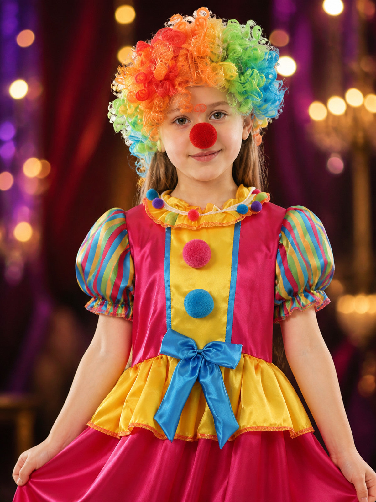 Kids' Rainbow Clown Costume Set with Wig and Nose, Colorful Party Cosplay Outfit on-model view