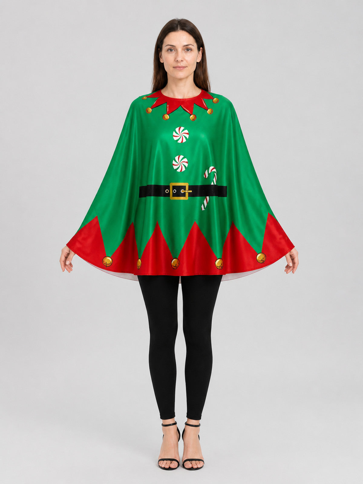 Christmas Green Elf-Style Cape with Belt on-model view