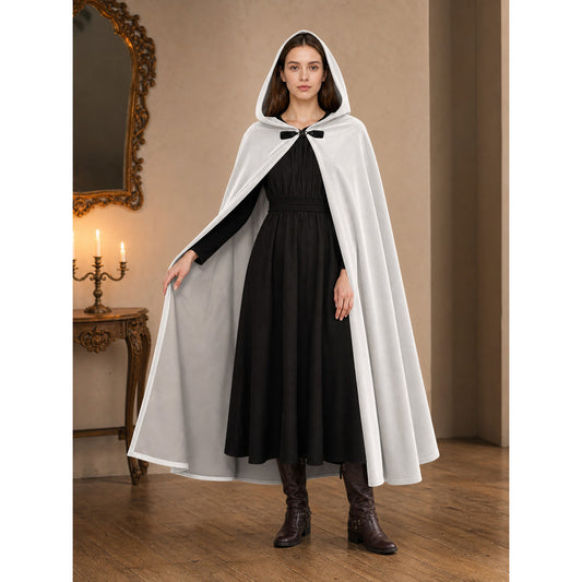 Full-Length White Hooded Cape with Oversized Hood and Black Bow Closure for Fantasy Medieval Cosplay and Stage Performances