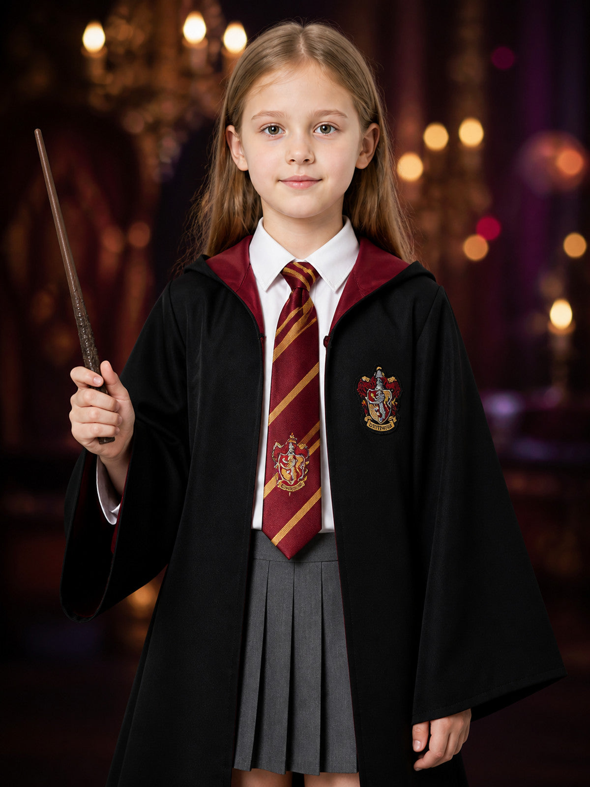 Wizard Academy Costume Set with Hooded Robe, Shirt, Pleated Skirt, Tie and Wand
