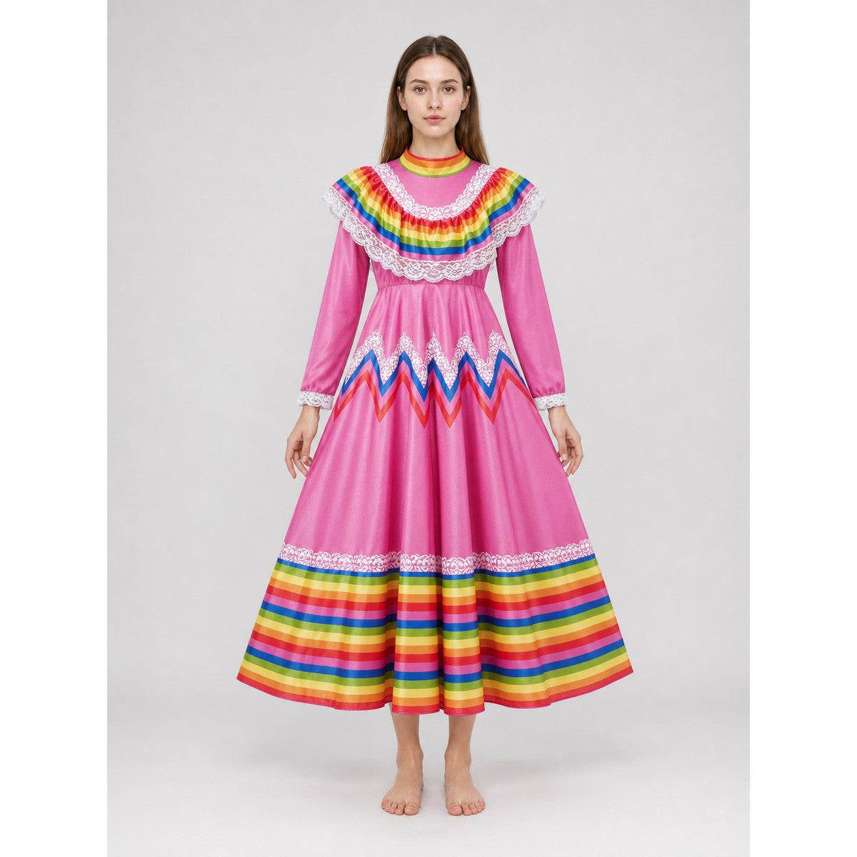 Folkloric Dress with a Full Skirt and Lace front view