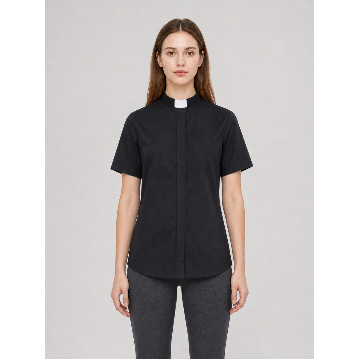 Stand-collar shirt, short sleeves on-model view