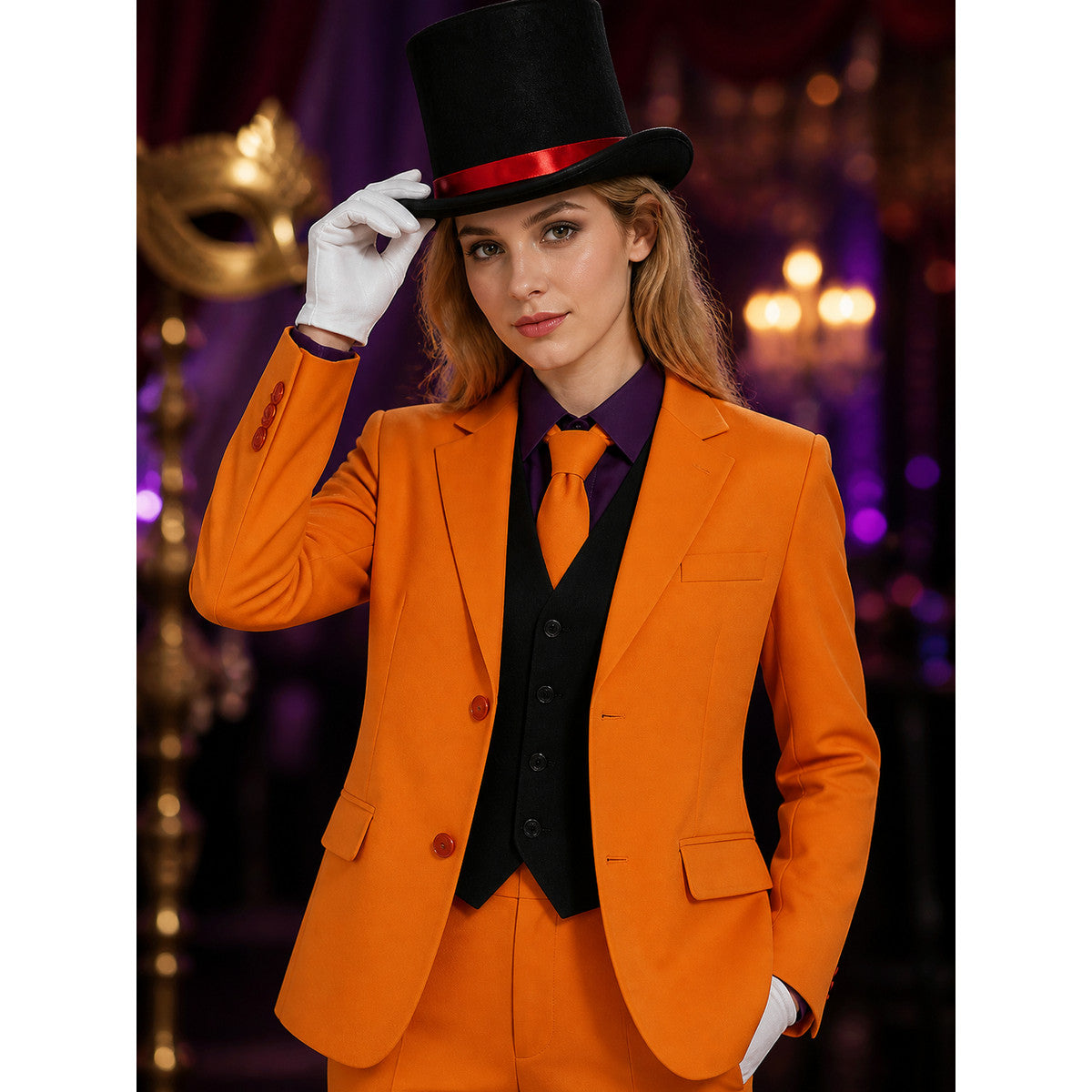 Clown Halloween Costume Set for Adults - Orange Blazer, Pants, Vest, Shirt, Tie on-model view