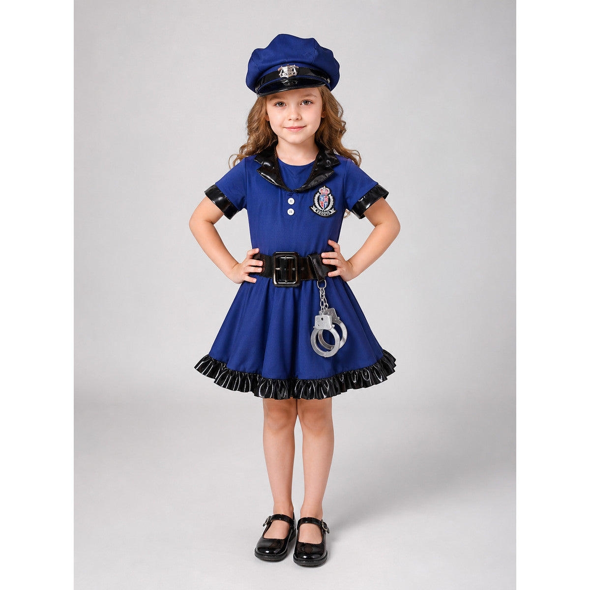 Police Costume: Dress, Hat, Belt, and Handcuffs