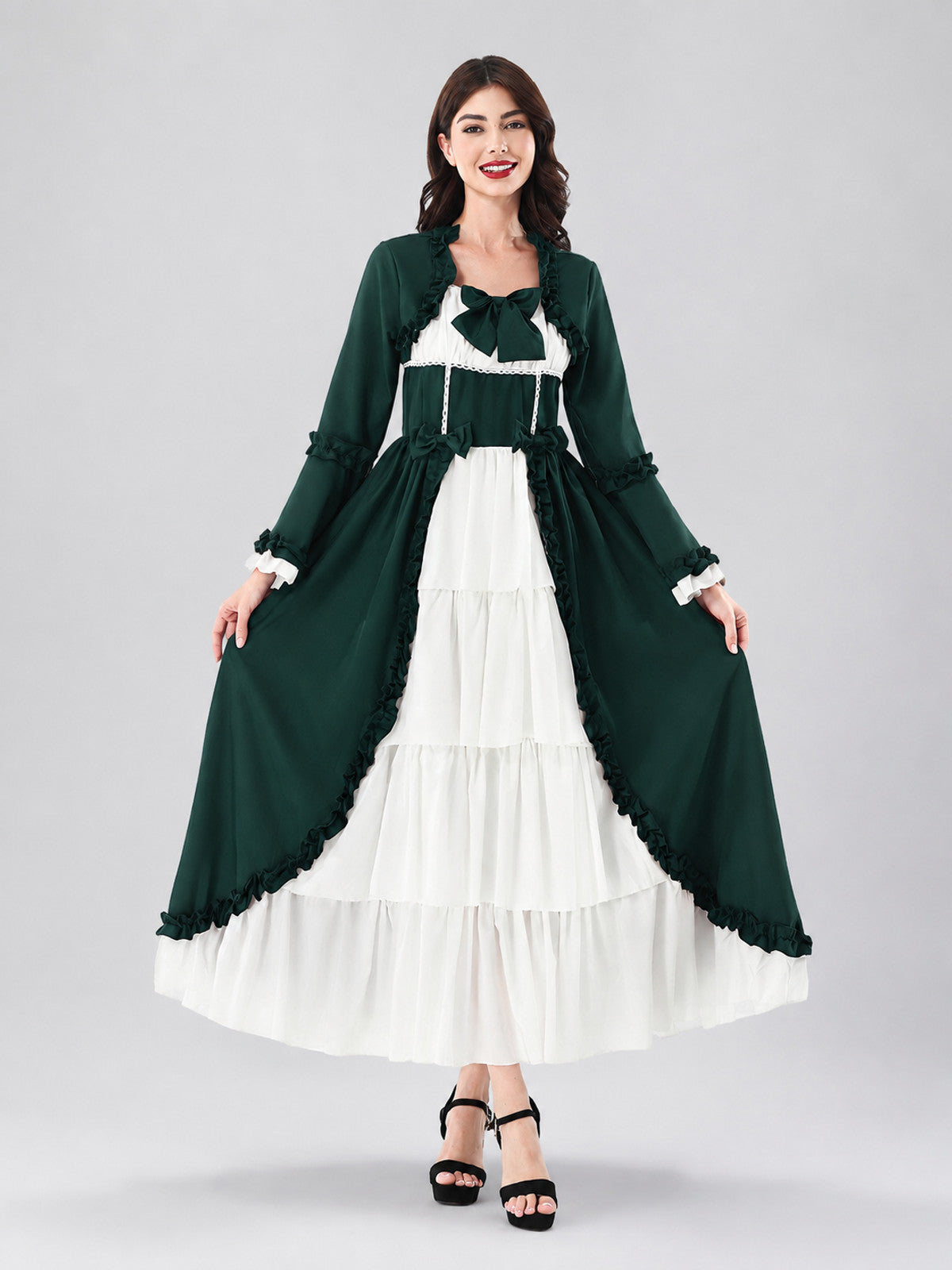 Medieval Dress with a White Bow and Tiered Skirt on-model view