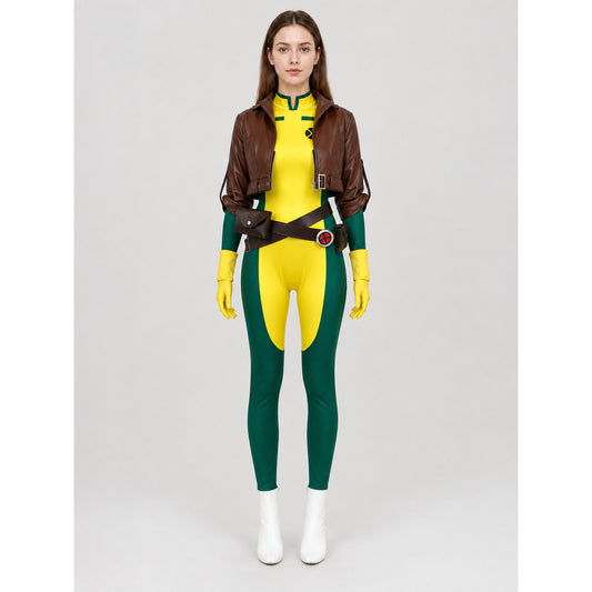 X-Men character cosplay set in a rich color combination of brown, red, green, yellow, and black. The set includes a sleeveless yellow-and-green jumpsuit with symmetrical black decorative graphic elements on the chest, along with a cropped b