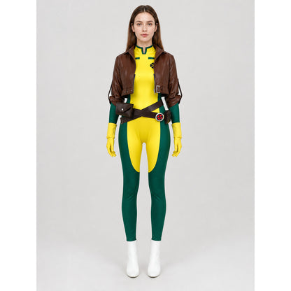 X-Men character cosplay set in a rich color combination of brown, red, green, yellow, and black. The set includes a sleeveless yellow-and-green jumpsuit with symmetrical black decorative graphic elements on the chest, along with a cropped b