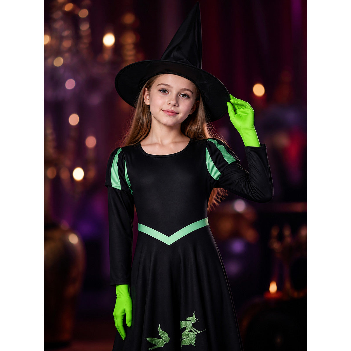 Witch Costume Set With Hat And Gloves, Black And Green Long Sleeve Dress With on-model view