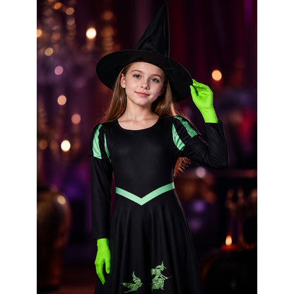 Witch Costume Set With Hat And Gloves, Black And Green Long Sleeve Dress With on-model view