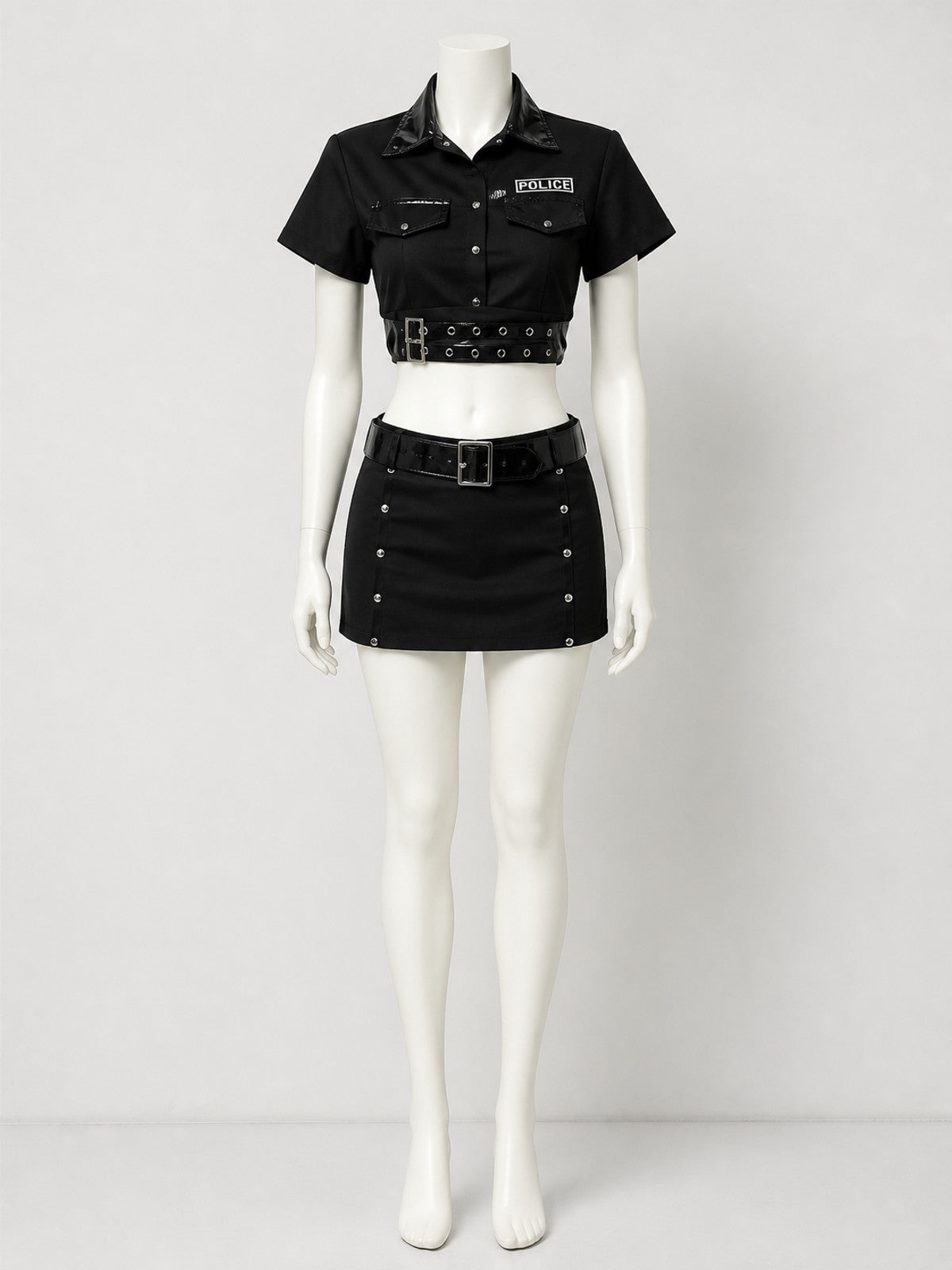 Women's Police Officer Costume Set, Black Crop Top with Skirt, Sexy Halloween on-model view