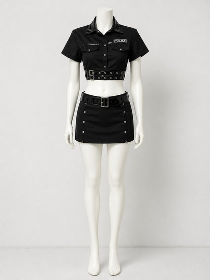 Women's Police Officer Costume Set, Black Crop Top with Skirt, Sexy Halloween on-model view