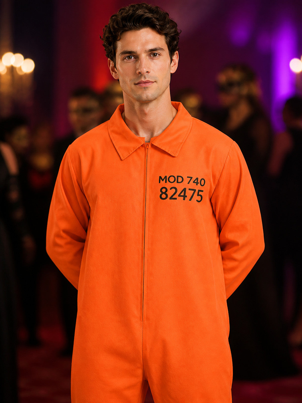 Halloween Prisoner Jumpsuit Costume, Orange with Black Number on-model view