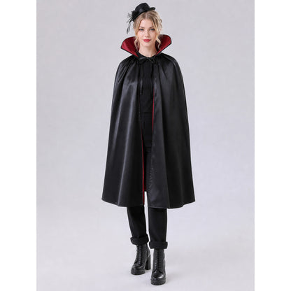 The long black cape is designed to create a vampire look for cosplay, Halloween, and stage performances. The cape is black and features a loose silhouette with long, draping panels and an opening lower edge. The upper section has a hooded o