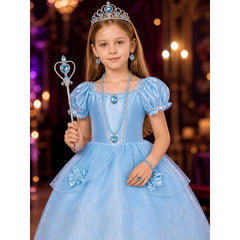 Girls Princess Costume Dress with Crown, Wand & Jewelry Set - Blue Sparkly