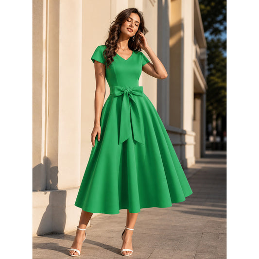 Green V-Neck Dress with Bow