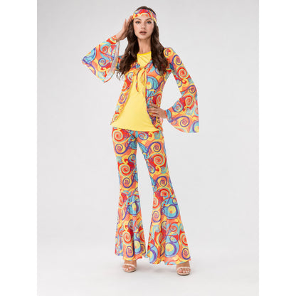 Retro Disco Costume with Headband and Flared Pants on-model view