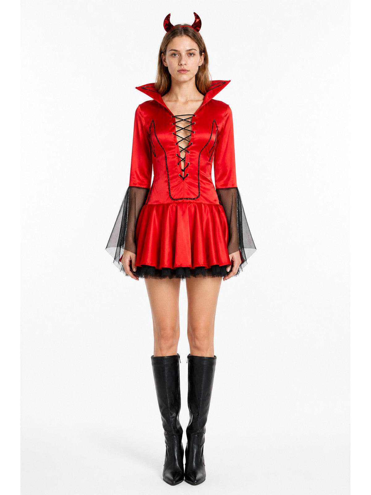 Red Demon Dress Costume with Horns and Mesh for Cosplay main product view