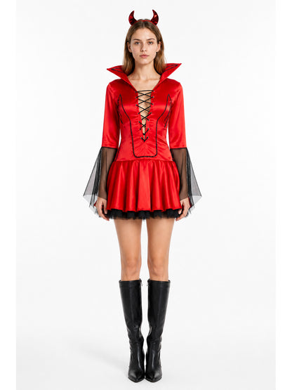 Red Demon Dress Costume with Horns and Mesh for Cosplay main product view