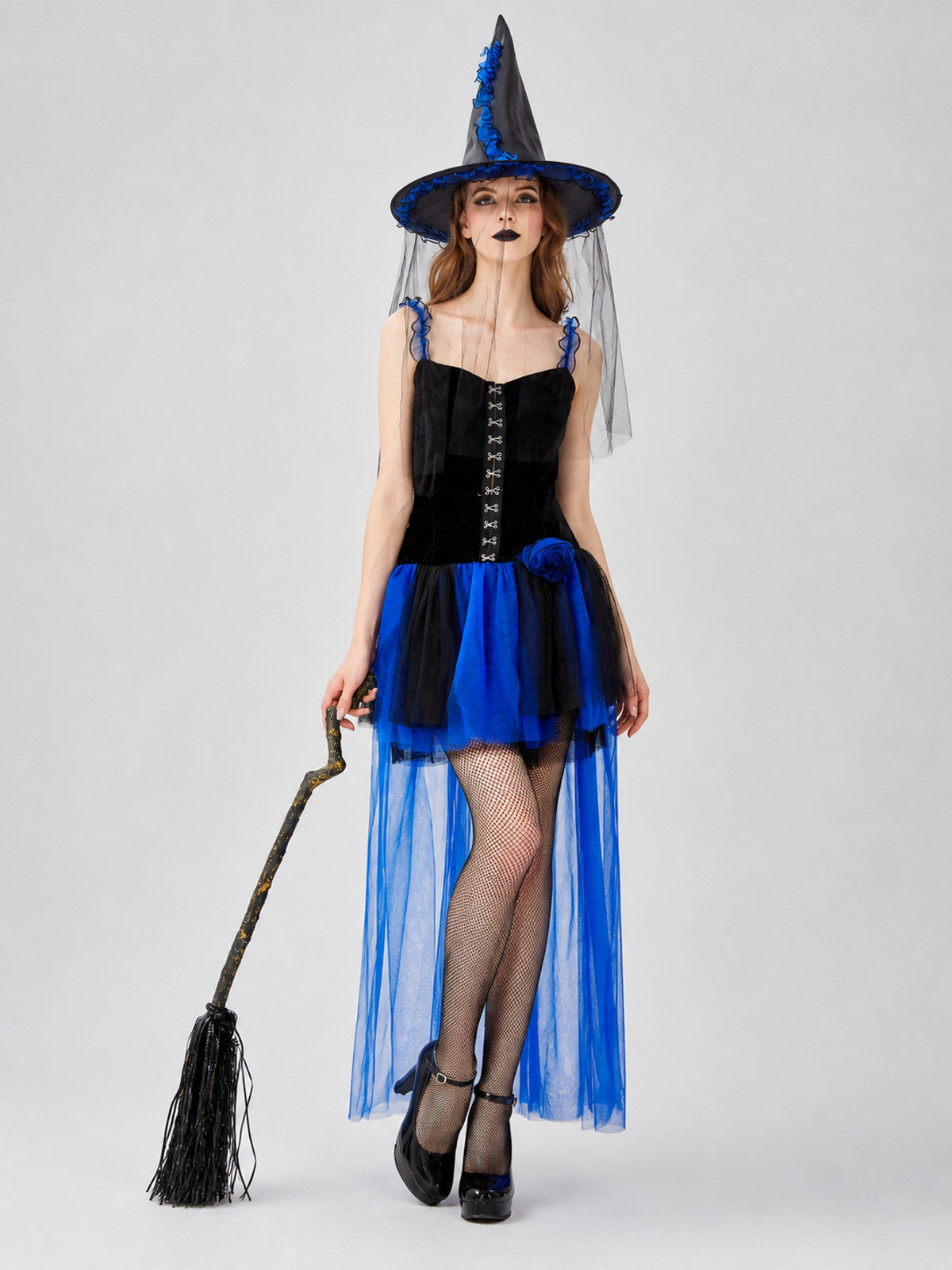 Black and Blue Witch Dress with Roses and Train