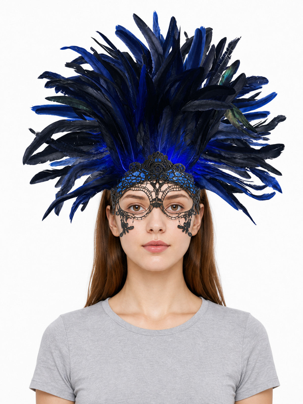 Carnival Headpiece with Blue-and-Black Feathers and Mask