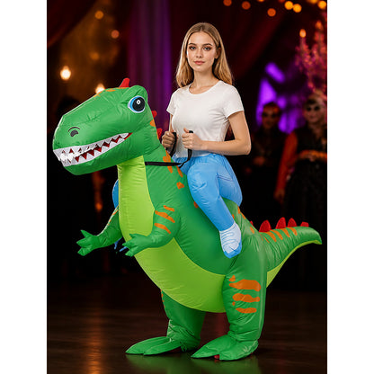 Adult Green Dinosaur Inflatable Halloween Costume with Orange Stripes and Red on-model view