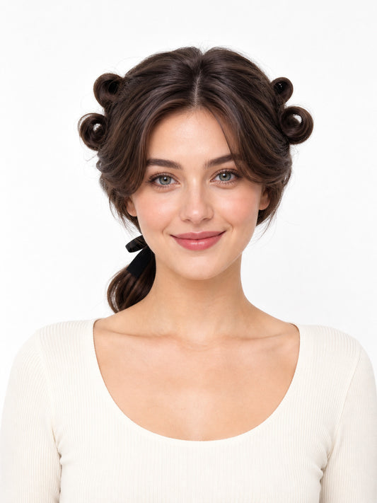 Dark brown glossy costume wig shown from the front on a model, with curled side sections, a low ponytail, and black ribbon