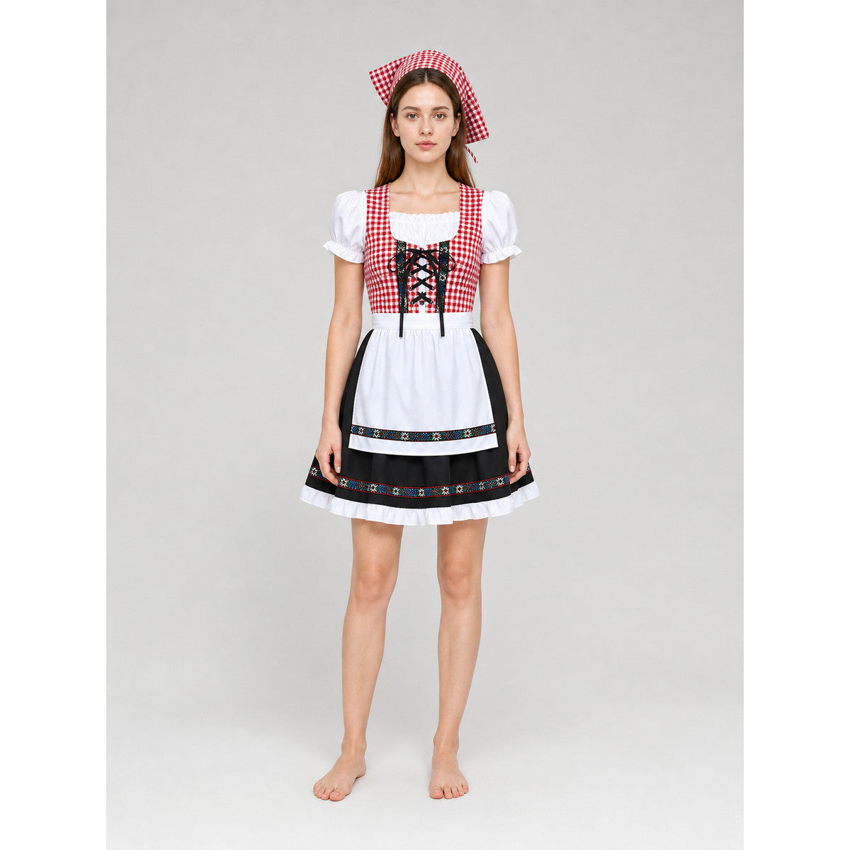 Bavarian dirndl-style costume with bonnet