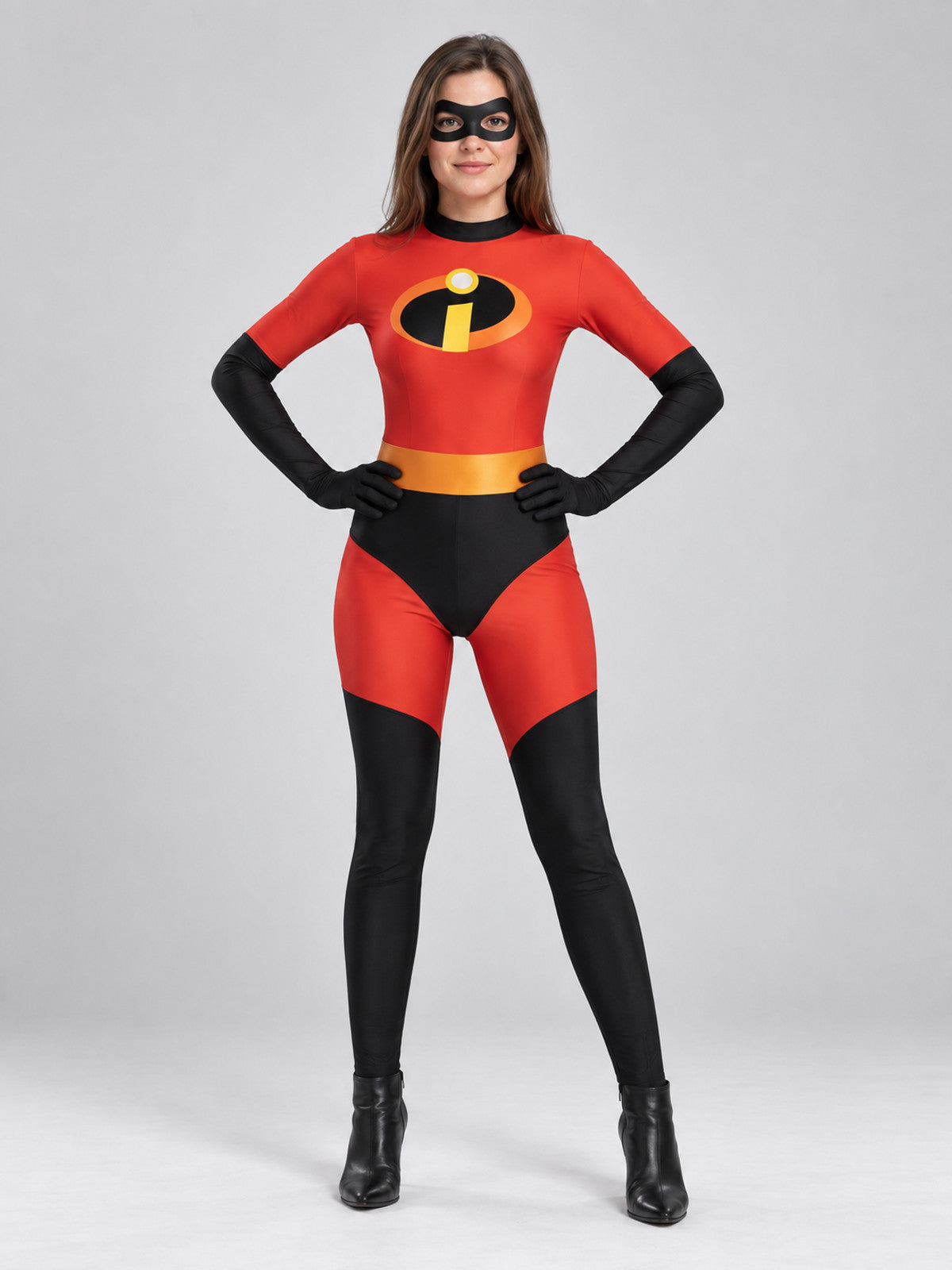 Red and black superhero costume with mask and yellow belt