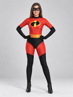 Red and black superhero costume with mask and yellow belt