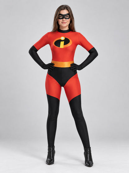 Red and black superhero costume with mask and yellow belt