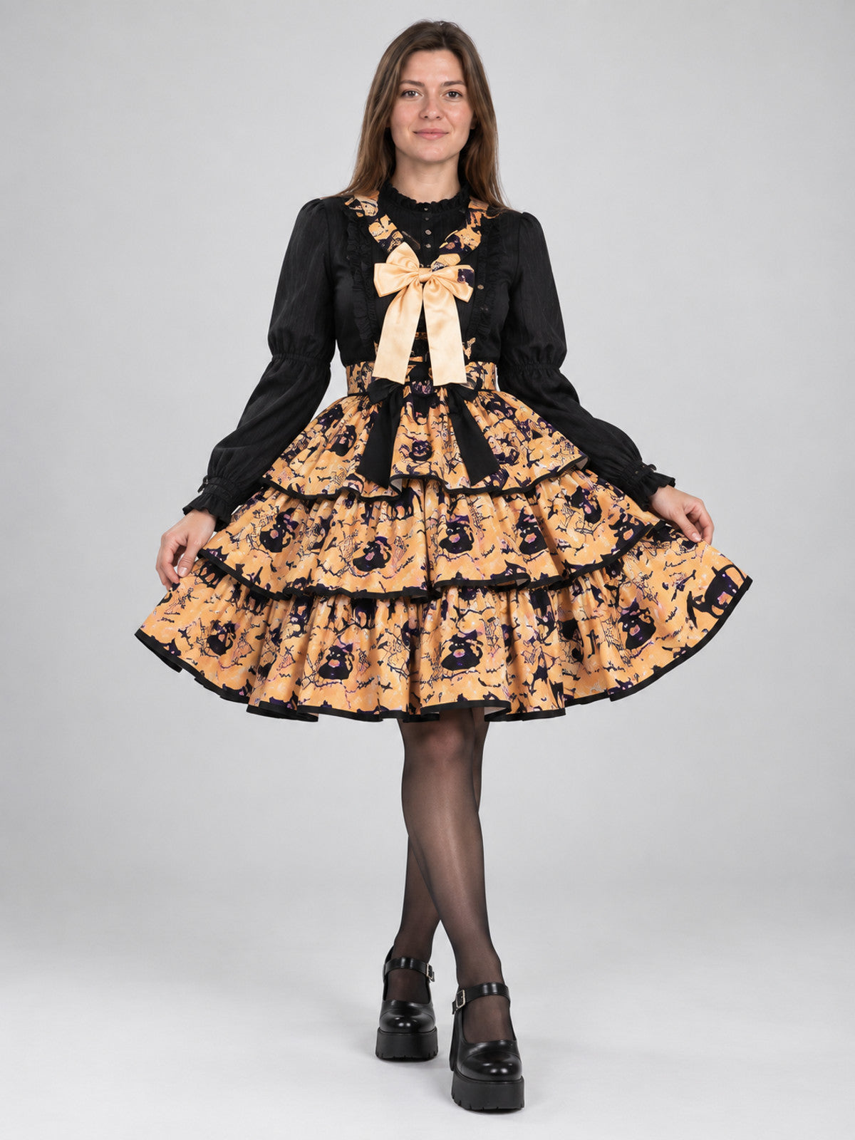 Black and orange witch costume with a puffy skirt