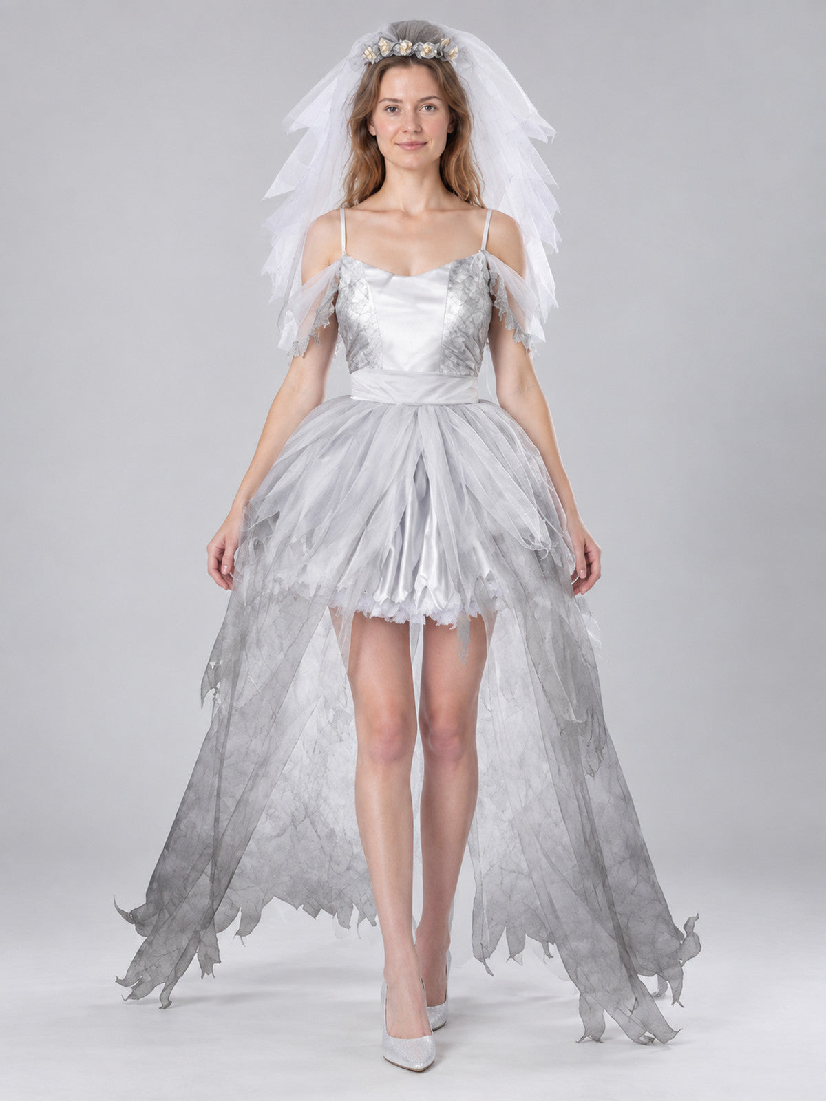 Ghost Carnival Costume with White Dress, Veil, and Mesh