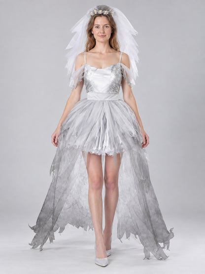 Ghost Carnival Costume with White Dress, Veil, and Mesh