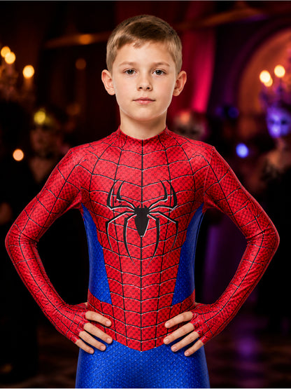 Kids' Spider-Themed Bodysuit Costume, Red Blue Black Web Design With Attached on-model view