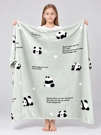 Light Green Milk Velvet Blanket with Panda Print