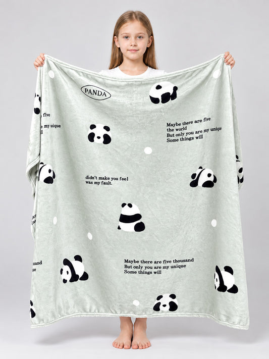 Light Green Milk Velvet Blanket with Panda Print