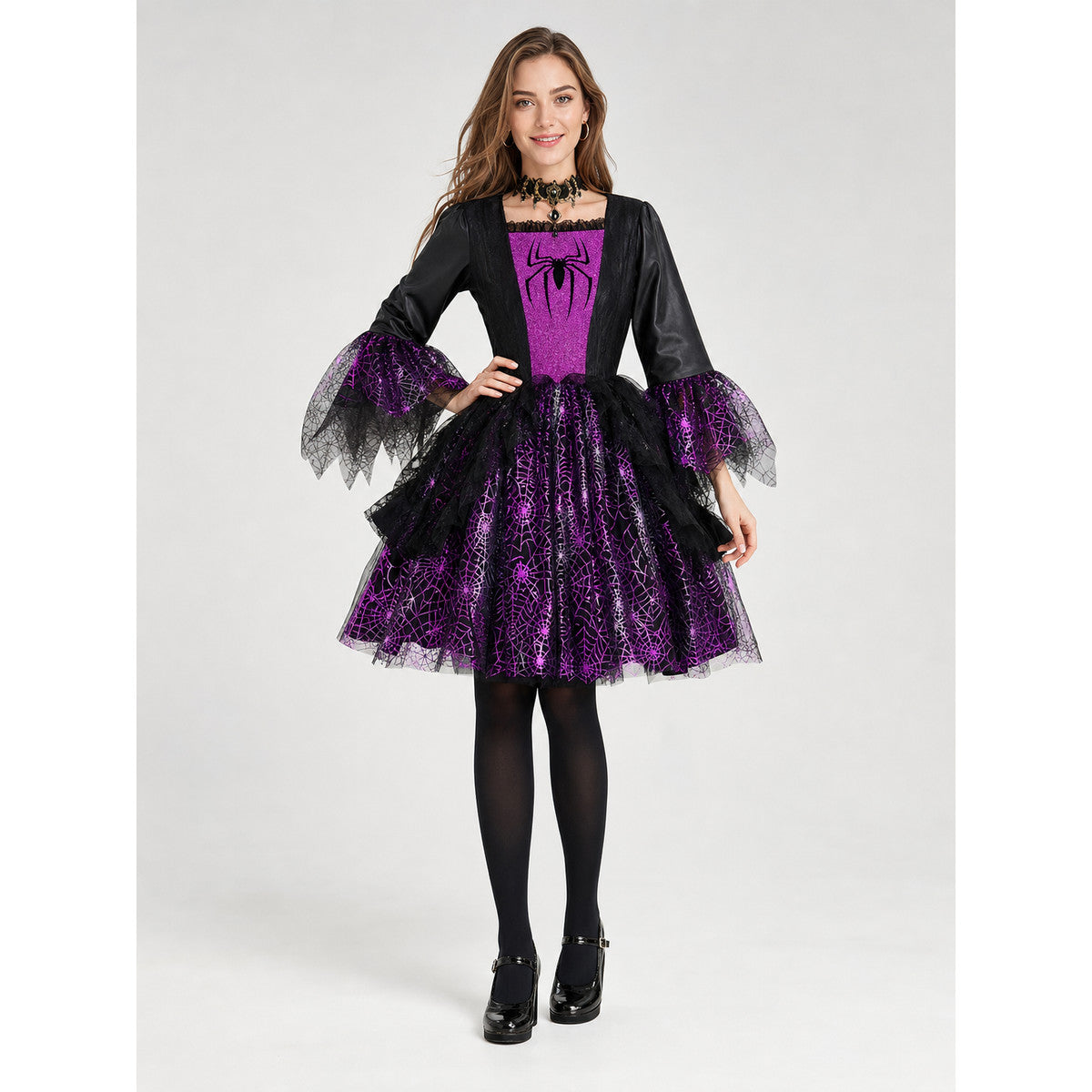 Girls' Halloween costume dress with spiderweb on-model view