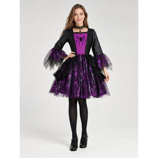 Girls' Halloween costume dress with spiderweb on-model view