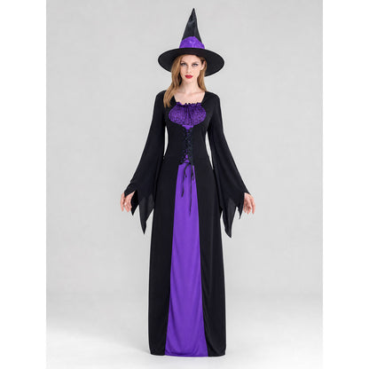 Cosplay costume designed as a long black and purple wizard-themed dress. The set includes a dress, a pointed wide-brimmed hat, and a collar. The design features long sleeves with flared cuffs, a fitted upper section, and a lace-up front. Th