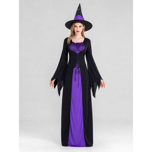 Cosplay costume designed as a long black and purple wizard-themed dress. The set includes a dress, a pointed wide-brimmed hat, and a collar. The design features long sleeves with flared cuffs, a fitted upper section, and a lace-up front. Th