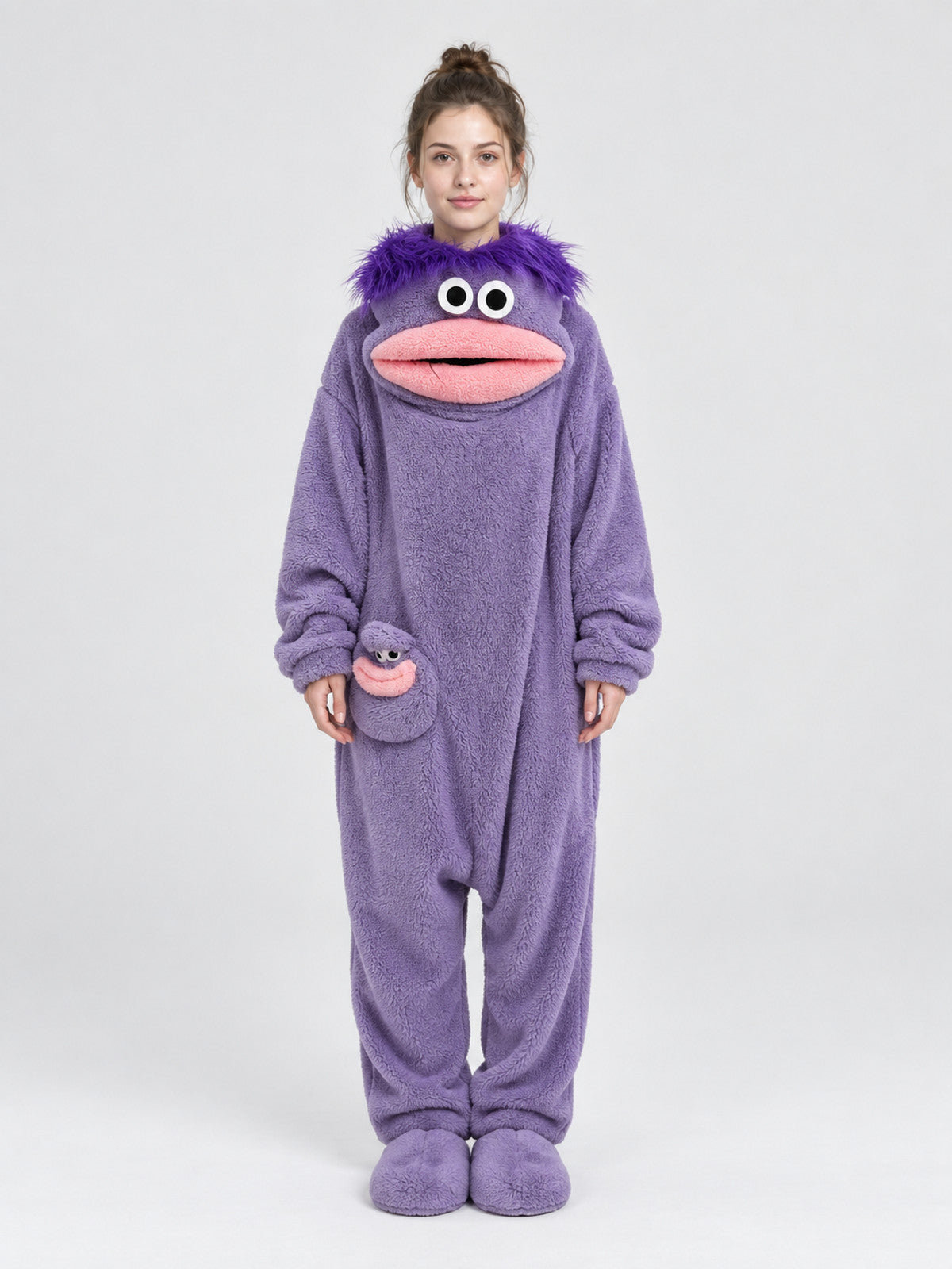 Insulated purple pajama jumpsuit with puffy eyes